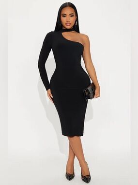 Fashion Nova Black One Shoulder Midi Dress